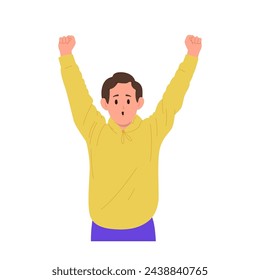 School boy child cartoon character screaming happily cheering rejoicing with raised hands up