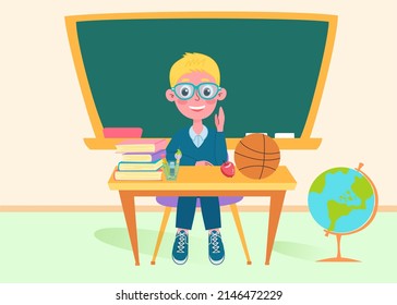 School boy in class with a blackboard, back to school concept, cute characters. Vector illustration in flat style