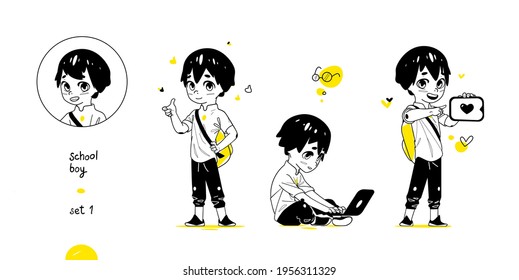 School Boy Collection with Different Poses. Black Yellow Design set.