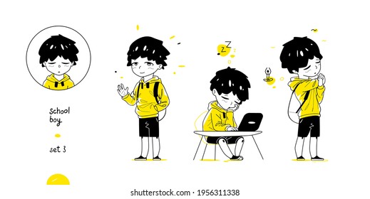 School Boy Collection with Different Poses. Black Yellow Design set.