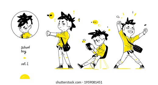 School Boy Collection with Different Poses. Black Yellow Design set.