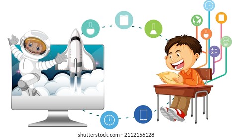 Ilustración de escolares con íconos de computación y educación