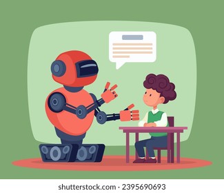 School boy at desk listening to robot vector illustration. Robot teacher answering little boys questions. Artificial intelligence, modern technology in education concept