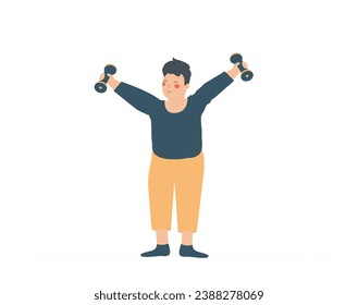 School boy doing some exercises with sports tools to become strong. Child raised up dumbbells in the gym or at home. Childhood physical activity and healthy lifestyle concept. Vector illustration.