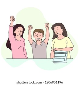 School boy done his homework successfully. He and his mothers are happy. Simple hand drawn illustration with soft colors.