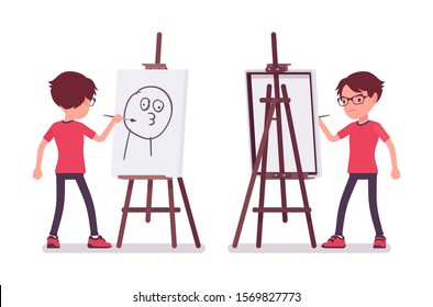 School boy drawing funny picture at artist easel. Cute small guy in glasses on art lesson, active young kid, smart elementary pupil aged between 7, 9 years old. Vector flat style cartoon illustration