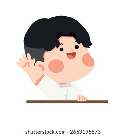 Garoto de escola estendendo a mão para pegar um item de desenho animado