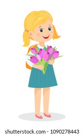 School boy with flowers in his hand. Vector illustration
