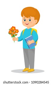 School boy with flowers in his hand. Vector illustration