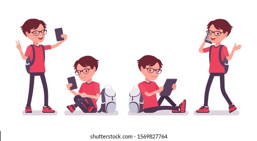 School boy with gadgets, smartphone and tablet. Cute small guy in glasses with a rucksack, active young kid, smart elementary pupil aged between 7, 9 years old. Vector flat style cartoon illustration