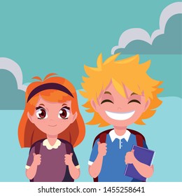 school boy and girl with bags outdoors