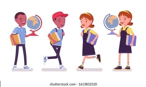 School boy and girl with books, globe. Cute small children on study, active young kids, smart elementary pupils aged between 7 and 9 years old. Vector flat style cartoon illustration