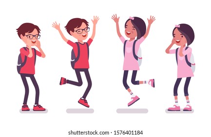 School boy, girl in casual wear jumping, screaming. Cute small children with rucksack, active young friend kids, smart elementary pupils between 7, 9 years old. Vector flat style cartoon illustration