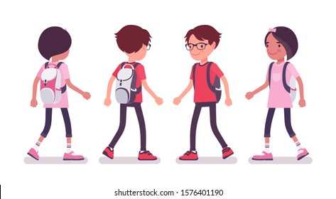 School boy, girl in casual wear walking. Cute small children with a rucksack, active young friend kids, smart elementary pupils aged between 7 and 9 years old. Vector flat style cartoon illustration