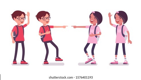 School boy, girl in casual wear laughing. Cute small children with a rucksack, active young friend kids, smart elementary pupils aged between 7 and 9 years old. Vector flat style cartoon illustration