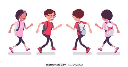 School boy, girl in casual wear running. Cute small children with a rucksack, active young friend kids, smart elementary pupils aged between 7 and 9 years old. Vector flat style cartoon illustration