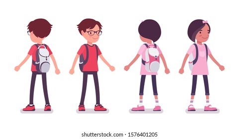 School boy, girl in casual wear standing. Cute small children with a rucksack, active young friend kids, smart elementary pupils aged between 7 and 9 years old. Vector flat style cartoon illustration