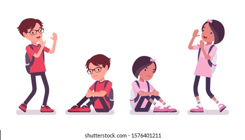 School boy, girl in casual wear feel sad and scared. Cute small children with rucksack, active young friend kids, smart elementary pupils between 7, 9 years old. Vector flat style cartoon illustration