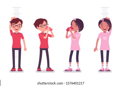 School boy, girl in casual wear with a drink and height measure. Cute small children, active young friend kids, smart elementary pupils age 7, 9 years old. Vector flat style cartoon illustration
