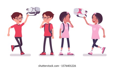 School boy, girl in casual wear having fun. Cute small children with a rucksack, active young friend kids, smart elementary pupils aged between 7 and 9 year old. Vector flat style cartoon illustration