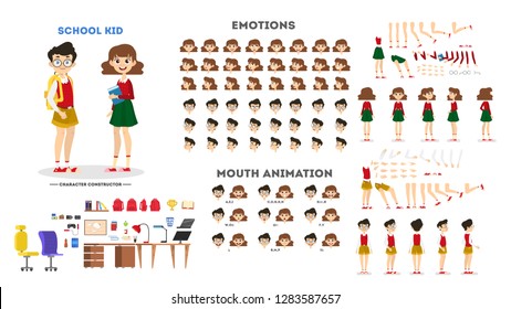 School Boy And Girl Character Set For The Animation With Various Views, Hairstyle, Emotion, Pose And Gesture. Child And Different Facial Expression. Isolated Vector Illustration In Cartoon Style