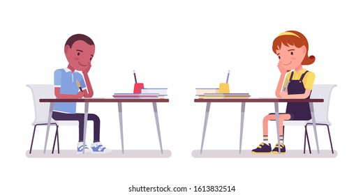 School boy and girl at desk busy with study. Cute small children working at lesson, active young kids, smart elementary pupils aged between 7, 9 years old. Vector flat style cartoon illustration