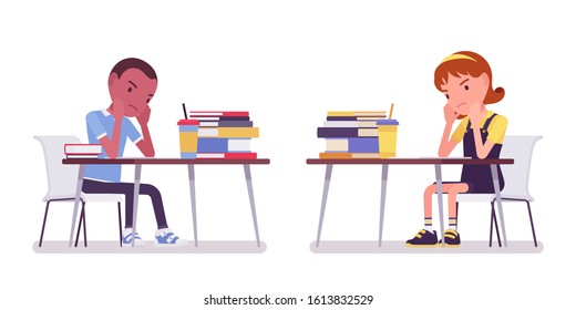 School boy and girl at desk tired with study. Sad cute small children busy at lesson, active young kids, smart elementary pupils aged between 7 and 9 years old. Vector flat style cartoon illustration