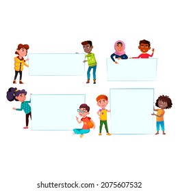 school boy and girl with empty banner. empty blank. kid with placard. school child white poster. paper empty background. vector character flat cartoon Illustration