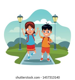 School boy and girl friends with backpacks at streets scenery cartoons on splash frame. vector illustration.