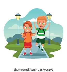 School boy and girl friends with backpacks at streets scenery cartoons on splash frame vector illustration graphic design