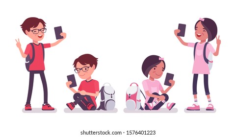 School boy, girl with gadgets, smartphone selfie. Cute small children with rucksack, active young friend kids, smart elementary pupils age between 7, 9 year old. Vector flat style cartoon illustration