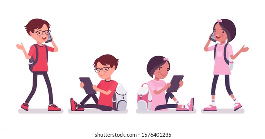 School boy, girl with gadgets, smartphone talk. Cute small children with rucksack, active young friend kids, smart elementary pupils age between 7, 9 year old. Vector flat style cartoon illustration