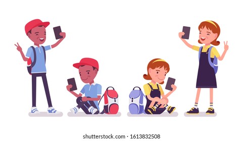 School boy and girl with gadgets, smartphone. Cute small children taking selfies, active young kids, smart elementary pupils aged between 7 and 9 years old. Vector flat style cartoon illustration