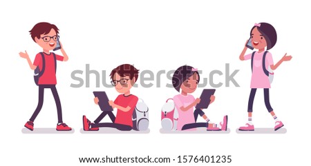 School boy, girl with gadgets, smartphone talk. Cute small children with rucksack, active young friend kids, smart elementary pupils age between 7, 9 year old. Vector flat style cartoon illustration