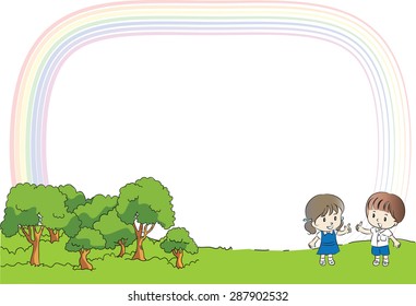 school boy and school girl in the garden background