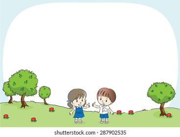 school boy and school girl in the garden background