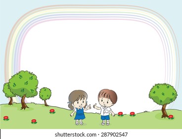 school boy and school girl in the garden background