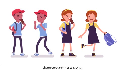 School boy and girl having fun, relax boxing. Cute small children after study, active young kids, smart elementary pupils aged between 7 and 9 years old. Vector flat style cartoon illustration