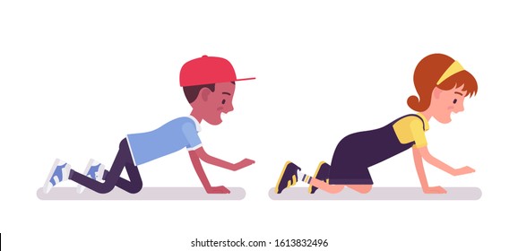 School boy, girl having fun, crawling on hands and knees. Cute small children after study, active young kids, smart elementary pupils aged between 7, 9 year old. Vector flat style cartoon illustration