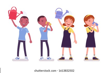 School boy and girl having fun, watering can, drinking. Cute small children after study, active young kids, smart elementary pupils aged between 7, 9 years old. Vector flat style cartoon illustration