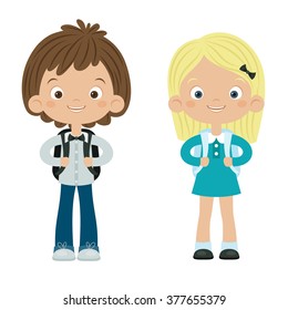 School boy and girl. Isolated over white background. Happy kids vector illustration.