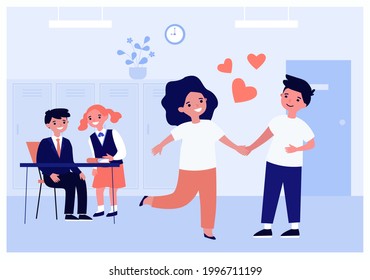 School boy and girl in love. Flat vector illustration. Happy little kids holding hands in classroom while their classmates whispering behind their backs. First school love, friendship, romance concept