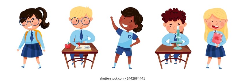 School Boy and Girl Pupil Character in Blue Uniform Vector Set