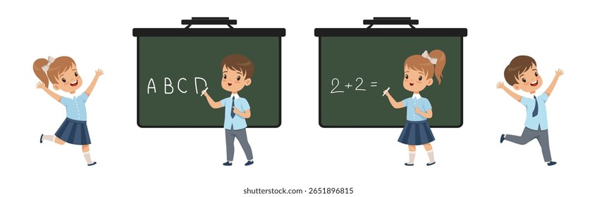 School Boy and Girl Pupil Character in Uniform Vector Set