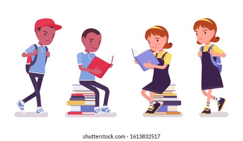 School boy and girl with reading books, sitting. Cute small children on study, active young kids, smart elementary pupils aged between 7 and 9 years old. Vector flat style cartoon illustration