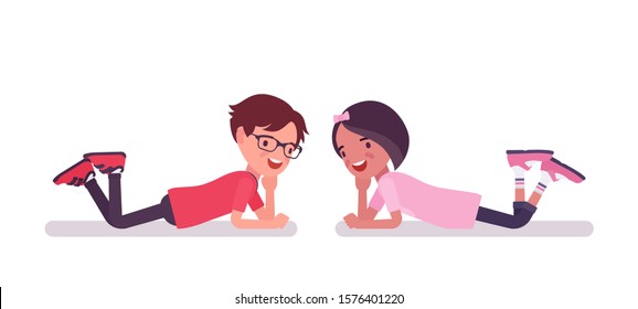 School boy, girl in a relaxation lying on the abdomen, stomach. Cute small children, active young friend kids, smart elementary pupils age between 7, 9 year old. Vector flat style cartoon illustration