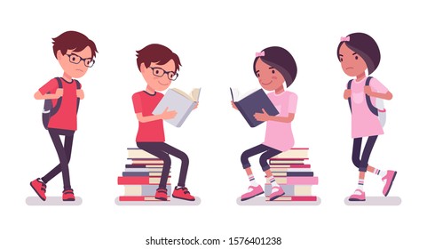 School boy, girl sitting on a stack of books, read for lesson. Cute small children, active young friend kids, smart elementary pupils aged between 7, 9 year old. Vector flat style cartoon illustration