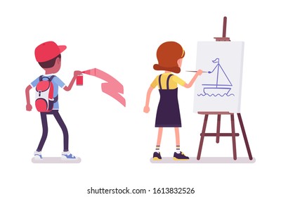 School boy and girl spray painting, drawing with easel. Cute small children on study, active young kids, smart elementary pupils aged between 7 and 9 years old. Vector flat style cartoon illustration