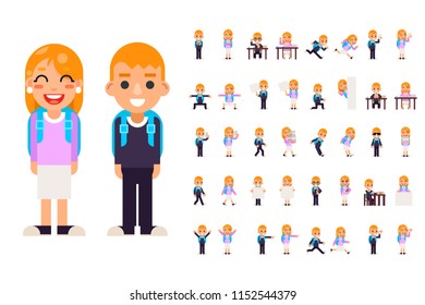 School boy girl student pupil different poses actions teen characters kid set isolated education flat design vector illustration