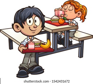 School boy and girl in uniform having lunch clip art. Vector illustration with simple gradients. Some elements on separate layers. 
